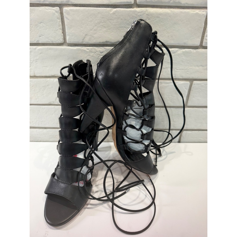 Sigerson Morrison Leather Gladiator Heels Womens 8 Black Caged Lace Up Stiletto